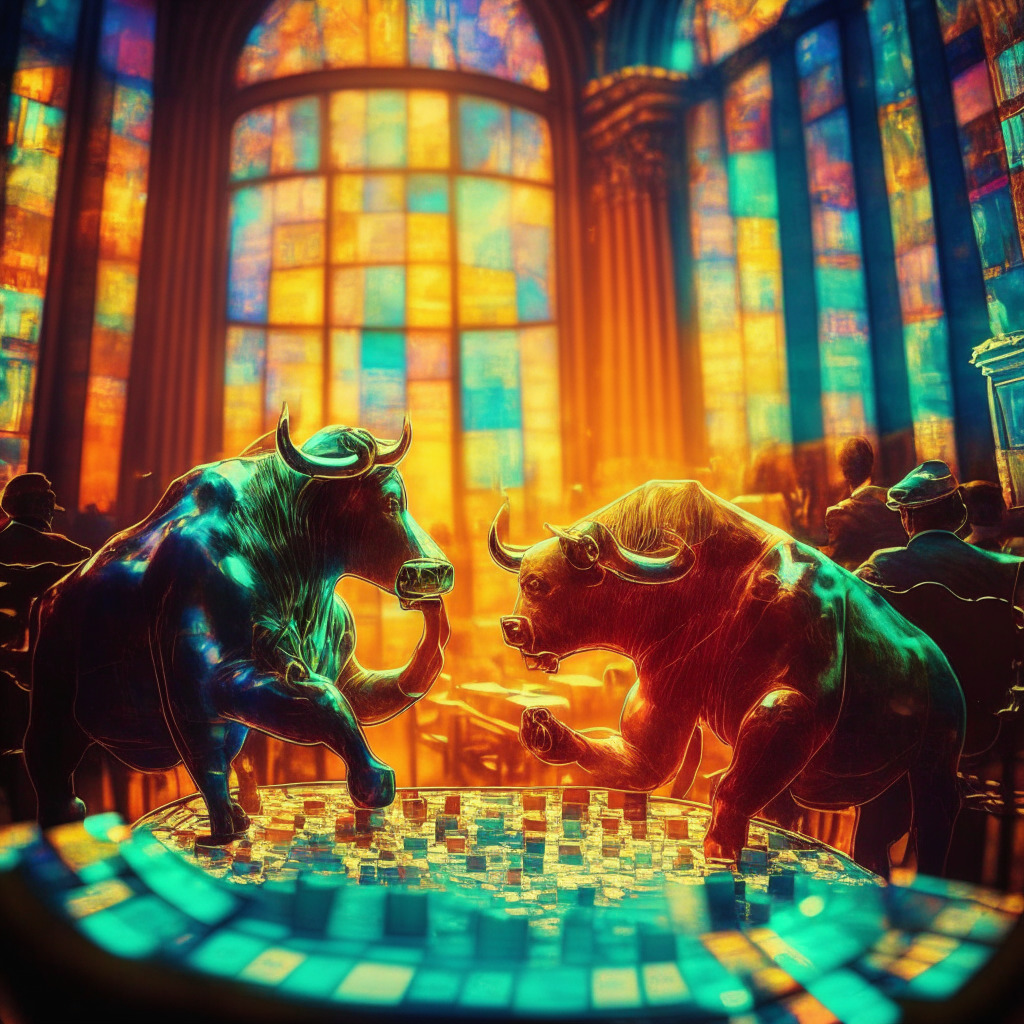 Intricate Wall Street scene, bull and bear playing poker, vibrant colors, warm sunlight through stained glass windows, bustling trading floor, 2021 meme stocks decor, bokeh effect light, mood of excitement, $REVIVE token, $WSM meme token, potential gains displayed on vintage stock ticker, sense of aspiration and caution, inspiring creative spin.