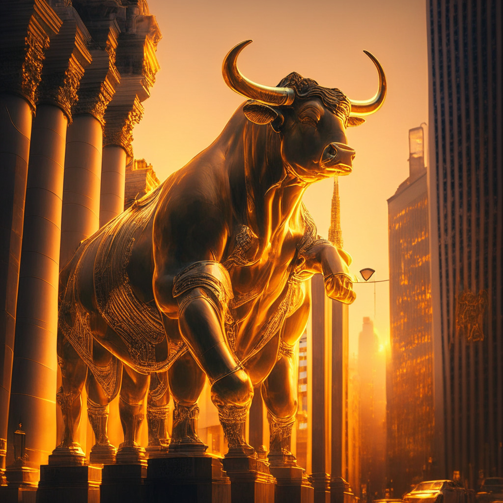 Intricate cityscape at dusk, traditional Wall Street architecture, warm golden light reflecting on glass buildings, bright streaks symbolizing BTC price movement, a mix of Baroque and Impressionist styles, optimistic and energetic mood, subtle hints of currency symbols, dominant bull sculpture.