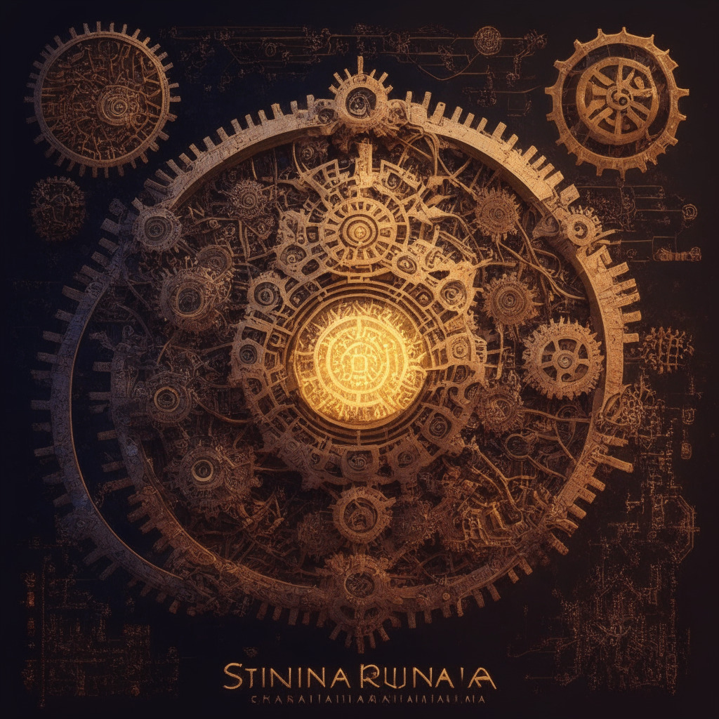 Intricate gears and code merging, Six Samurai engineering team revitalizing Terra Luna Classic, warm-toned twilight setting, tokens glowing with hope, blockchain technology as intertwined roots, air of determination and renewal, collaboration and innovation embraced by embracing community. (319 characters)