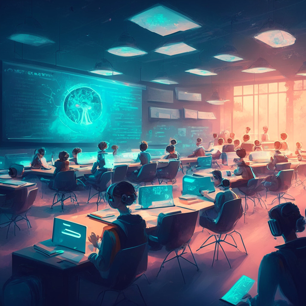 Futuristic classroom scene, AI devices aiding learning, warm lighting, Impressionist style, students interacting with AI tools, focused atmosphere, sense of innovation, diverse subjects represented, collaboration, ethical usage reminders.