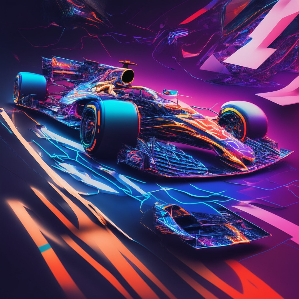 Futuristic F1 race car with Red Bull Racing and blockchain technology integration, dynamic lighting showcasing speed, bold colors expressing innovation, interconnected web representing global fan engagement, digital tokens and NFTs hovering around, sleek modern art style, energetic and revolutionary mood.