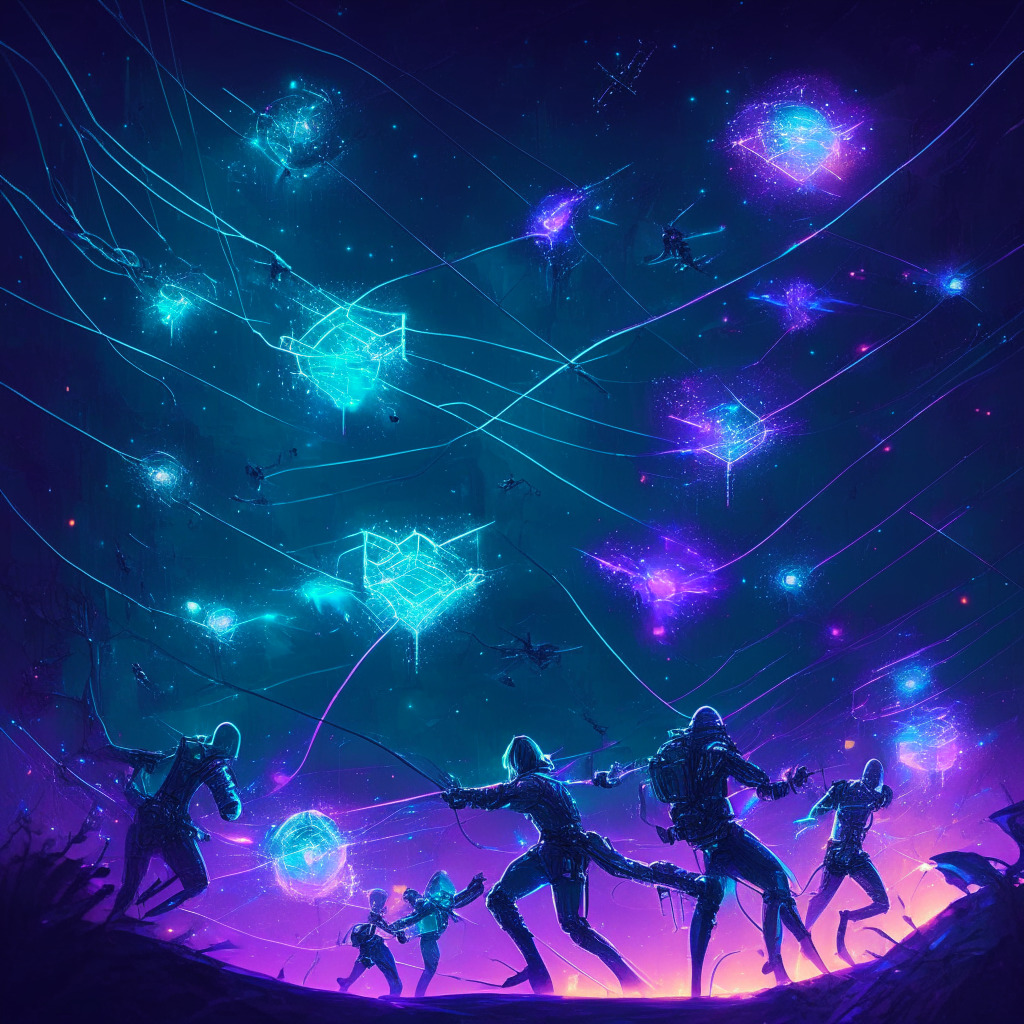 Cybersecurity heroes in action, night sky filled with glowing nodes, interconnected web showing airdrop security, valiant Sybil hunters receiving rewards, blockchain ecosystem thriving, artistic chiaroscuro lighting, ethereal and vigilant mood, victory over digital adversaries, hints of futuristic digital art.