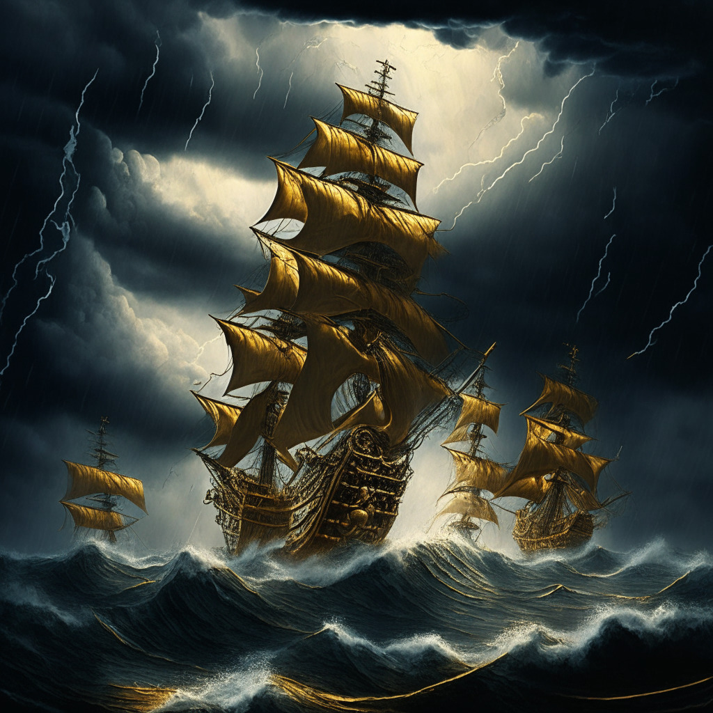An intense, rollercoaster-like cryptocurrency scene under stormy skies, representing market volatility, with two standout sturdy vessels amidst the tumult, symbolizing Toncoin and Golteum. The light setting is dramatic chiaroscuro, enhancing the mood of risk and promise. Golteum's ship carries gold and precious metals, representing its unique proposition, and Toncoin's ship is powered by a futuristic engine, reflecting its advanced network. Artistic style leans towards surreal, with realist elements.