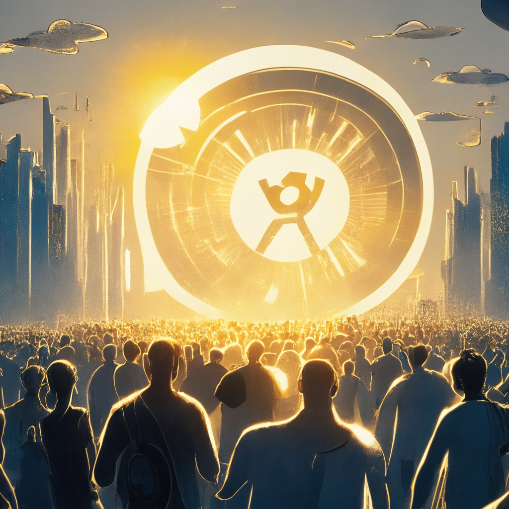 A bustling crypto market scene in bold, neo-futuristic style. The dominant focus: a soaring silver XRP coin, its surface reflective under the golden glow of a rising sun, symbolizing an upward trajectory. Legal scales lean towards Ripple's favor, reminiscent of legal victories. On the horizon, smaller altcoins - hinting at diversification options. Mood: cautiously optimistic, tinged with an air of mystery and anticipation.