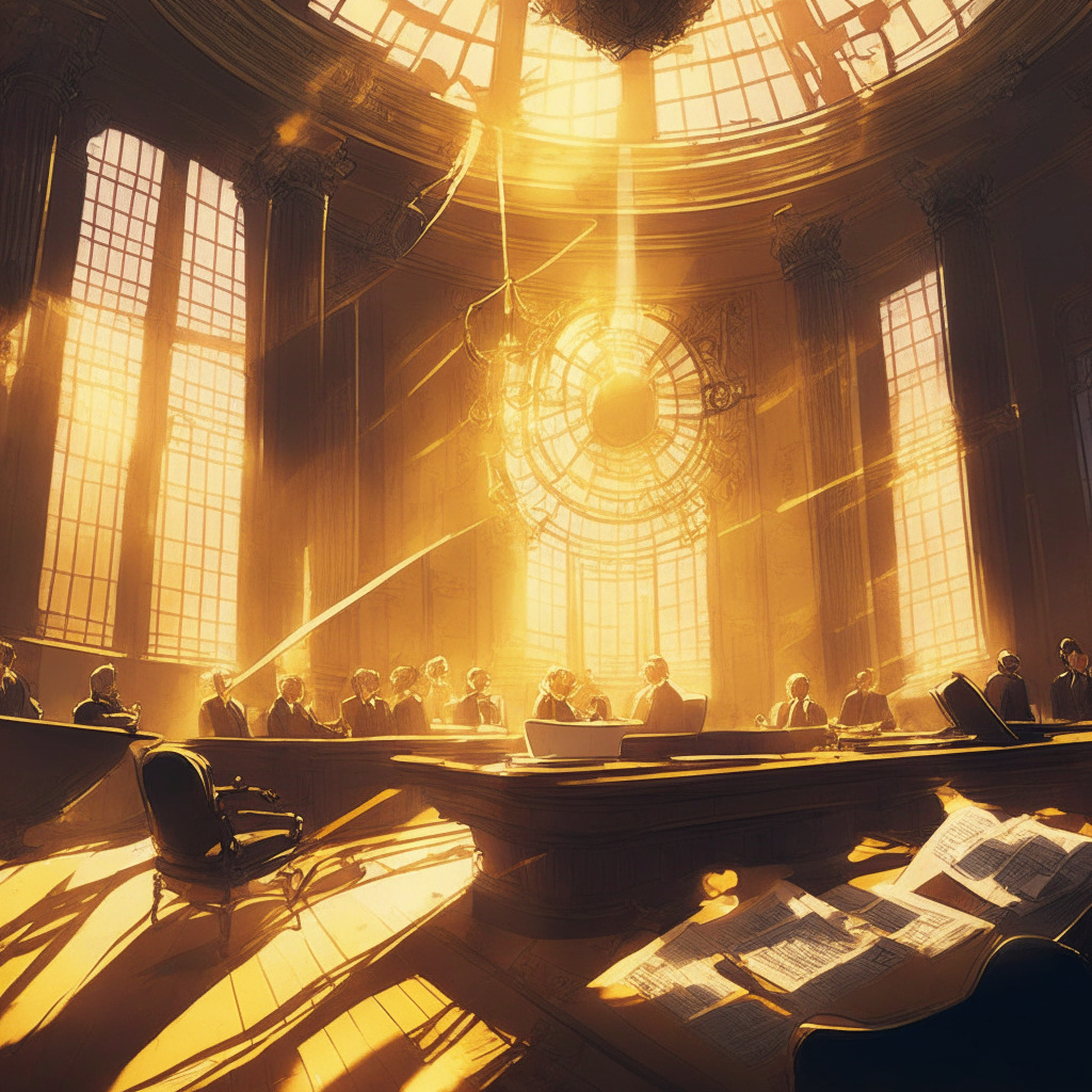 Intricate courtroom scene with Ripple Labs and SEC officials, neoclassical architecture, warm sunlight streaming through windows, a gavel and legal documents scattered on table, dynamic chiaroscuro effect, hues of gold and amber, tense yet hopeful atmosphere, underlying theme of navigating crypto regulation complexities.
