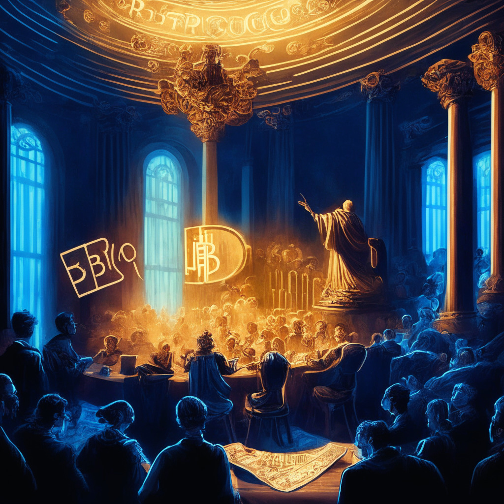 Cryptocurrency legal battle scene, early Bitcoin's centralized nature, Ripple's current regulatory scrutiny, mood of anticipation and hope, CEO of BitGo extending support, artistic Baroque style, chiaroscuro lighting, contrasting colors, tinge of uncertainty, innovation vs regulation, no brand logos.