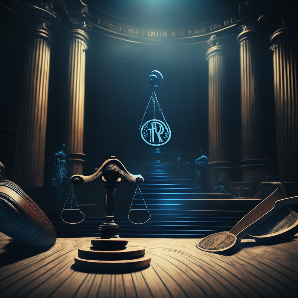 Gavel on a scale, court background, Ripple logo obscured, uncertain expressions on token holders, long timeline stretching to 2023, subtle victory vibes, lawyers exiting stage, Judge Torres pondering, dim & suspenseful lighting, contrasting shadows, chiaroscuro style, tense atmosphere, implications for crypto industry.