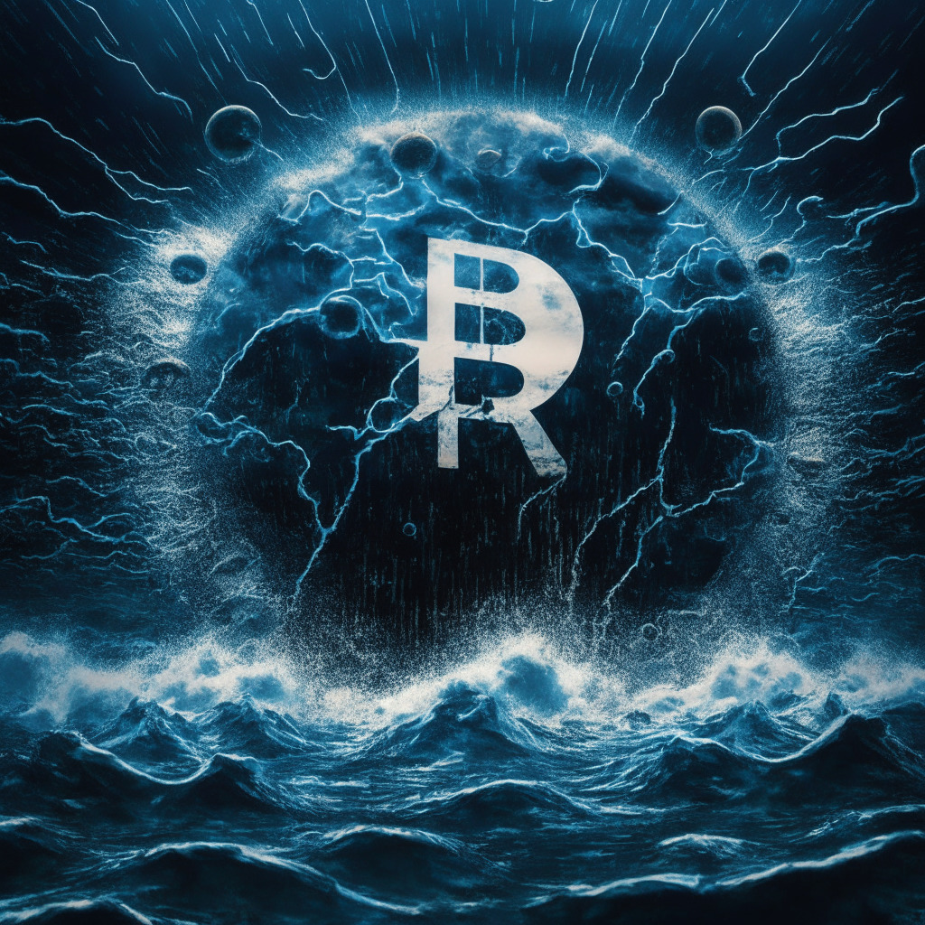 Cryptocurrency storm, Ripple overcoming hurdles, AI-powered trading platform, turbulent market backdrop, subtle light contrasts, fortified XRP, contemporary digital-art style, optimistic mood, Ripple vs SEC battle, yPredict revolutionizing crypto trading, intricate blockchain patterns.