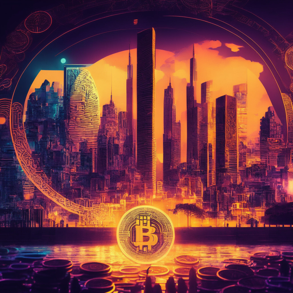 Intricate cityscape with central bank, futurist monetary symbols, glowing digital coins, Ripple partnership handshake, modern blockchain elements, Colombian culture influence, dusk setting, soft-glow lighting, high-contrast palette, vibrant colors, optimistic atmosphere, sense of progress and innovation.