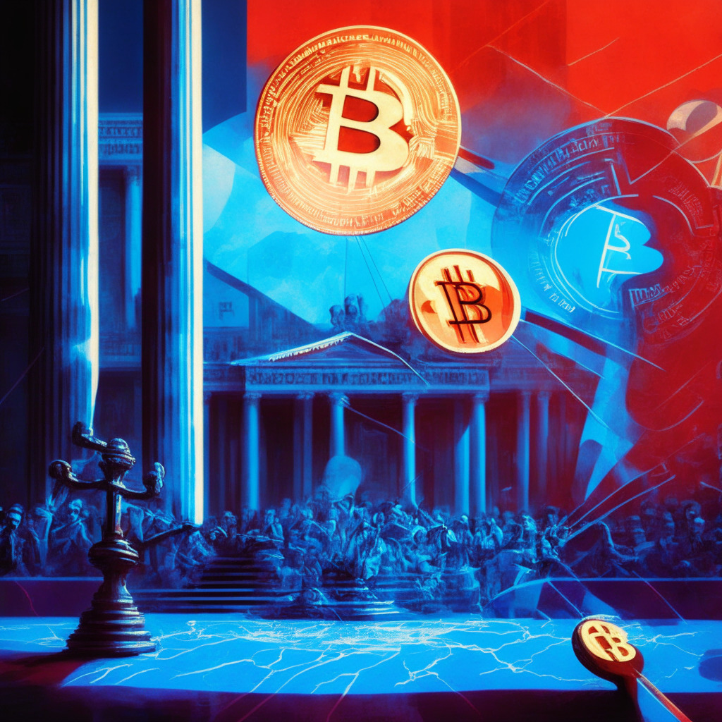 Cryptocurrency courtroom drama, Ripple vs SEC, intricately balanced scales, tense atmosphere, abstract legal documents, faint Bitcoin and XRP symbols, a judge's gavel mid-action, contrasting sunlight and shadows, intense hues of red and blue, faint outline of US Capitol in background, ambiguous outcome highlighted, evolutionary financial forces at play.