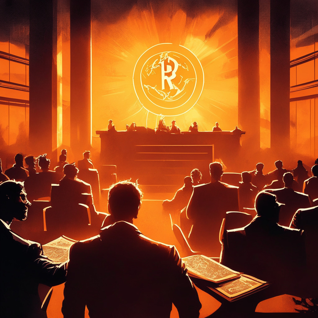 Cryptocurrency courtroom drama, tense legal showdown, XRP's uncertain future, warm sunset courtroom palette, swirling expressionist shadows, worried faces in the XRP community, dramatic contrast between light and darkness, hope and despair, weighty mood of legal outcome, subtle hints of financial success on the horizon.