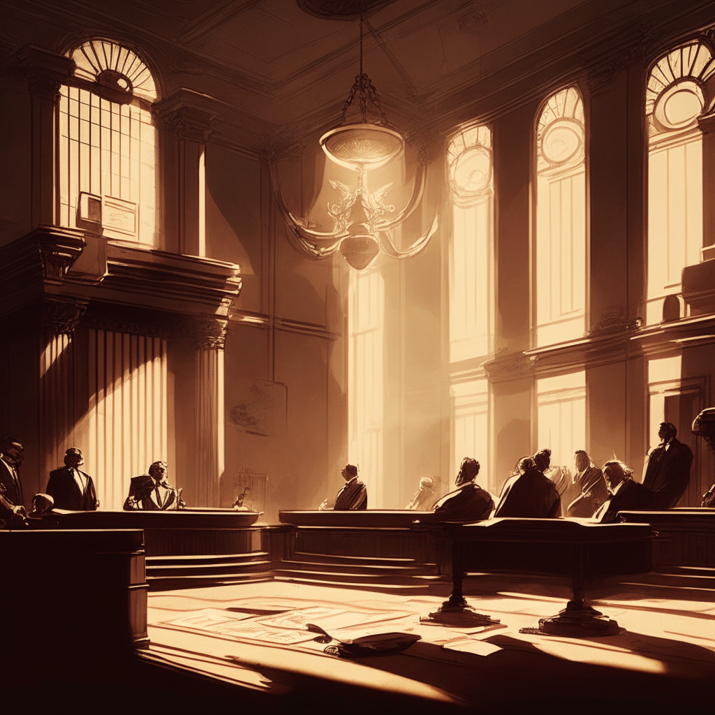 Intricate courtroom scene, Ripple Labs representatives facing SEC, justice scales indicating balance, soft sunlight illuminating the room, Baroque painting style, sepia-toned color palette, atmosphere of anticipatory suspense, potential fork in road for crypto investments' future.