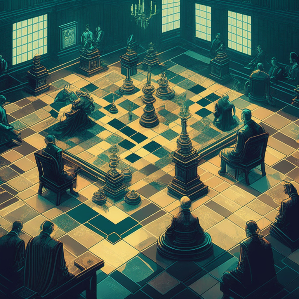 Intricate courtroom scene, scales of justice, contrasting cryptocurrencies, ethereal glow, Renaissance style, Ripple CEO and SEC official in tense discussion, neutral-toned color palette, mixed emotions of frustration and anticipation, chessboard floor representing strategy and balance, hopes for regulatory clarity.