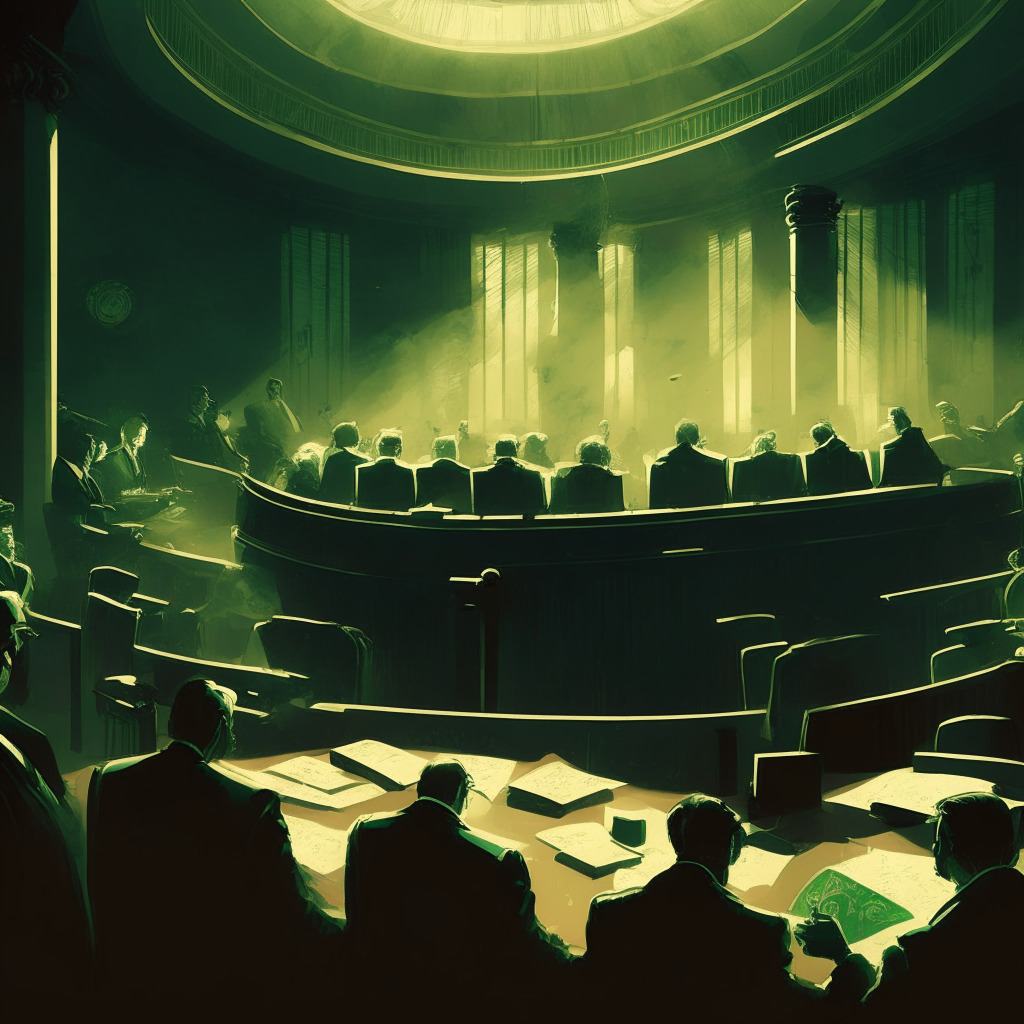 Intricate courtroom scene, dimly lit with soft shadows, Ripple and SEC representatives engaged in debate, a scale of justice symbolizing the legal balance, hints of gold and green to evoke cryptocurrency, ominous clouds representing the uncertain regulatory landscape, the intense mood reflects the impact of the decision on the future of crypto regulation.