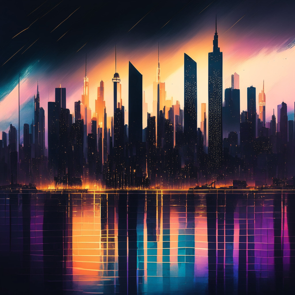Ethereal cityscape with vibrant hues, futuristic Singapore skyline, Ripple's digital currency XRP in glowing lights, contrasting dark, grey US courtroom with legal battles, serene golden light representing innovation-focused approach, calm mood with underlying tension, expressionist art style.
