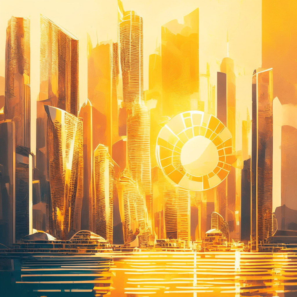 Intricate Singapore cityscape, futuristic buildings, central bank, Ripple's crypto symbols, warm golden hues, soft sunlight, elegant brushstrokes, dynamic movement, optimistic moodscape, regulatory documents, glowing digital currencies, interconnected global network.