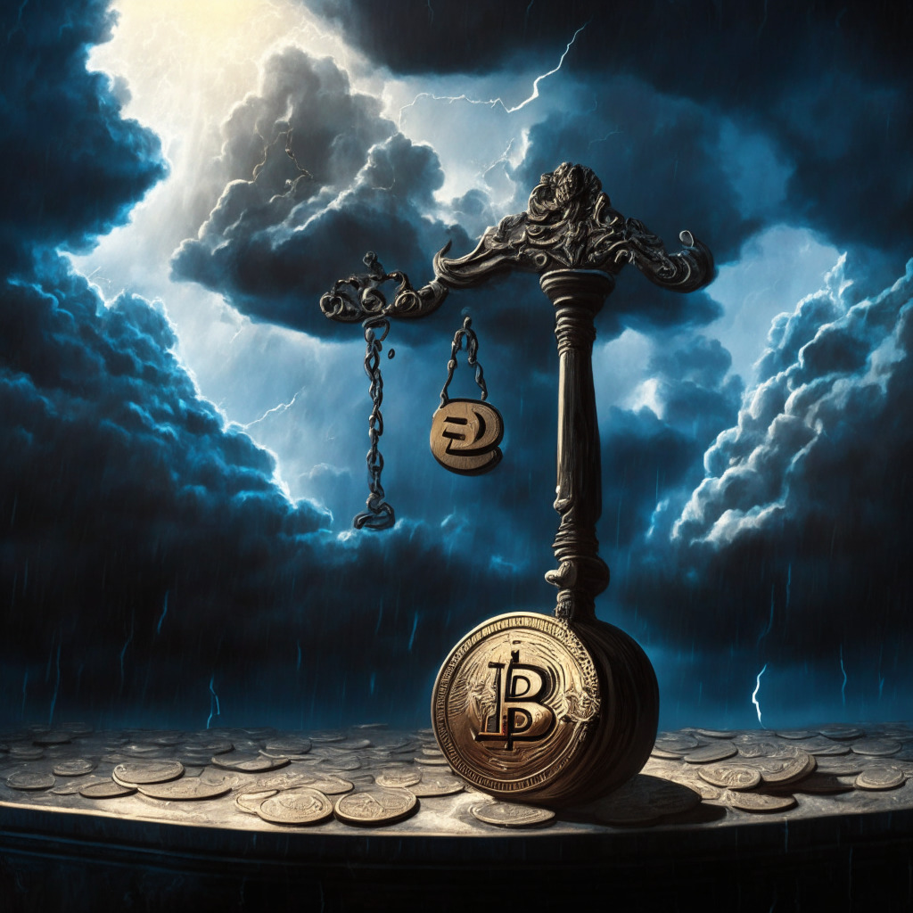 Gavel on cryptocurrency coins with stormy clouds, Ripple's XRP dilemma, dimly lit courtroom scene, Baroque artistic style, somber mood, intricate scales of justice, XRP and SEC logos incorporated into the artwork (no brands), uncertain future, hint of sunlight emerging descriptively.