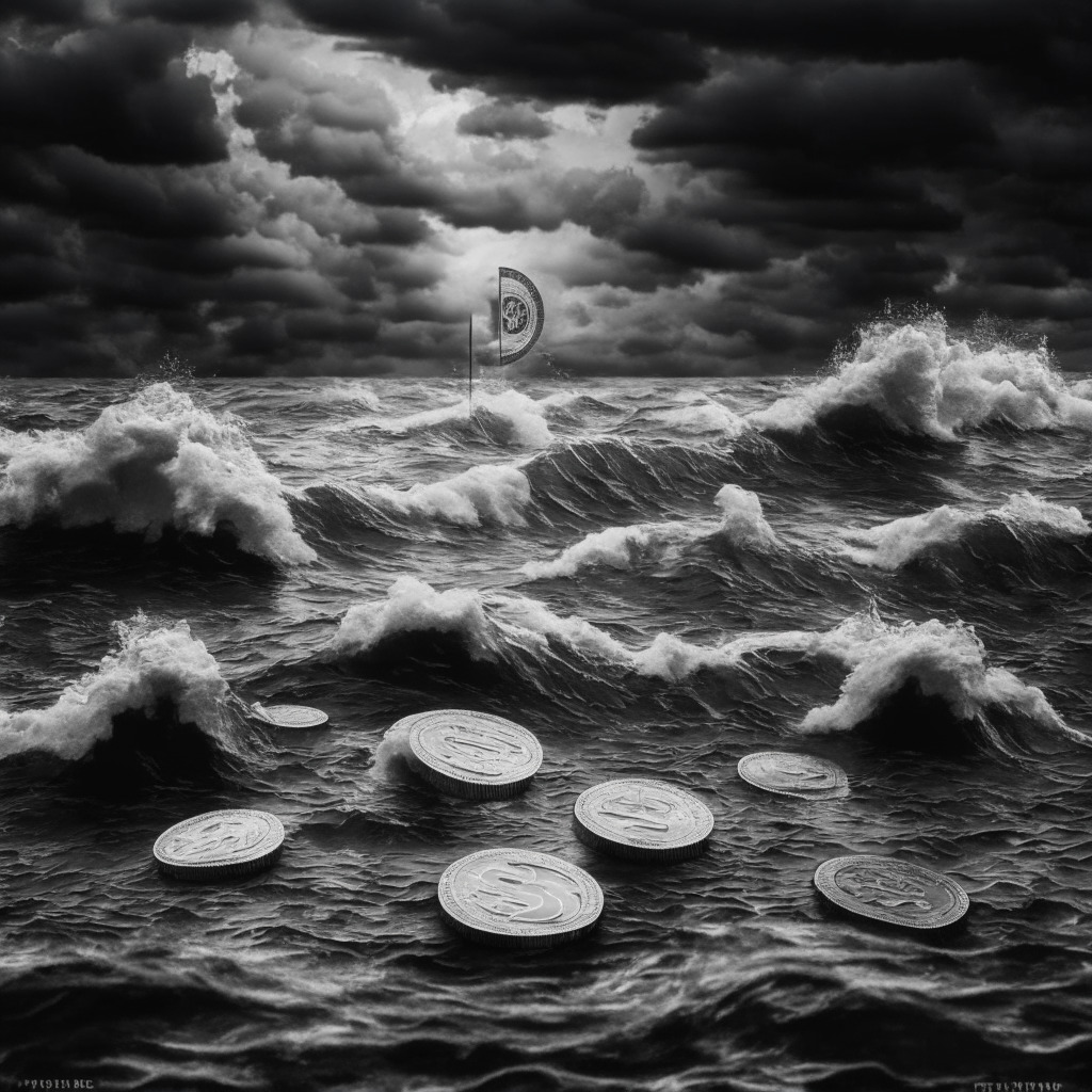 Cryptocurrency crash in twilight, US SEC lawsuits looming over exchanges, Cardano, Polygon & Solana delisted, worried investors assessing the market, bearish mood, grayscale palette, waning light, turbulent seascape, digital coins adrift amid whirlpool, uncertain horizons ahead.