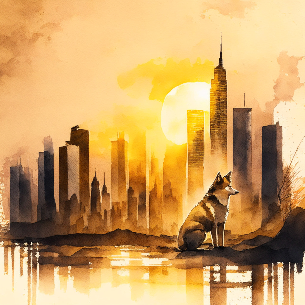 Fading sunset over financial skyline, delicate watercolor brushstrokes, warm sepia tones, contrasting shadows of delisted coins (ADA, SOL, MATIC) & untouched SHIB & DOGE, triumphant mood, a lone wolf (SHIB) basking in the glow, underlying tension, question mark on regulatory compliance.