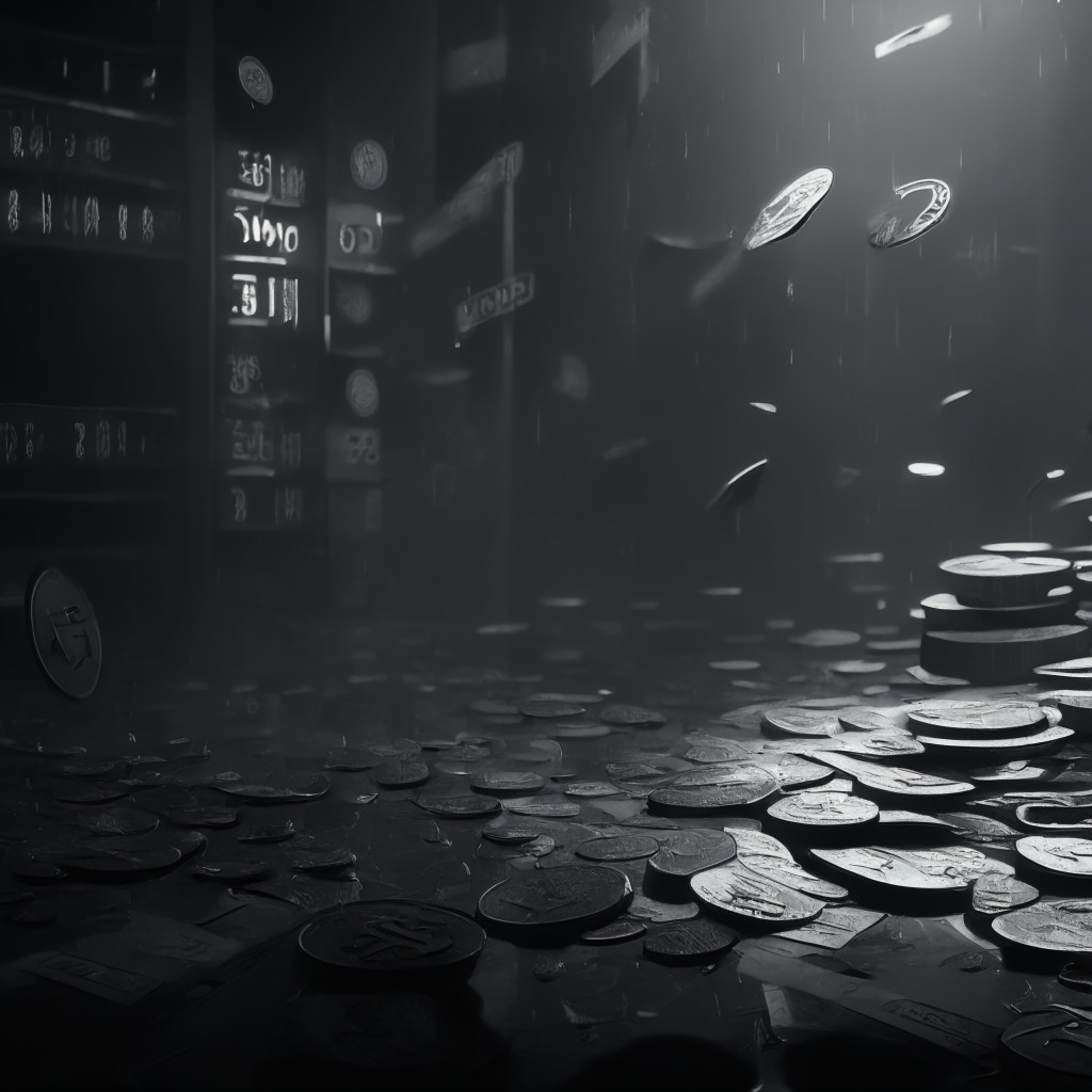A grayscale, financial-themed scene, semi-abstract cryptocurrency signs (ADA, MATIC, SOL), trading app interface in the background, coins falling from support, dimly lit, moody atmosphere, somber contrasts, dynamic composition reflecting uncertainty, subtle hint of SEC oversight. 350 characters.