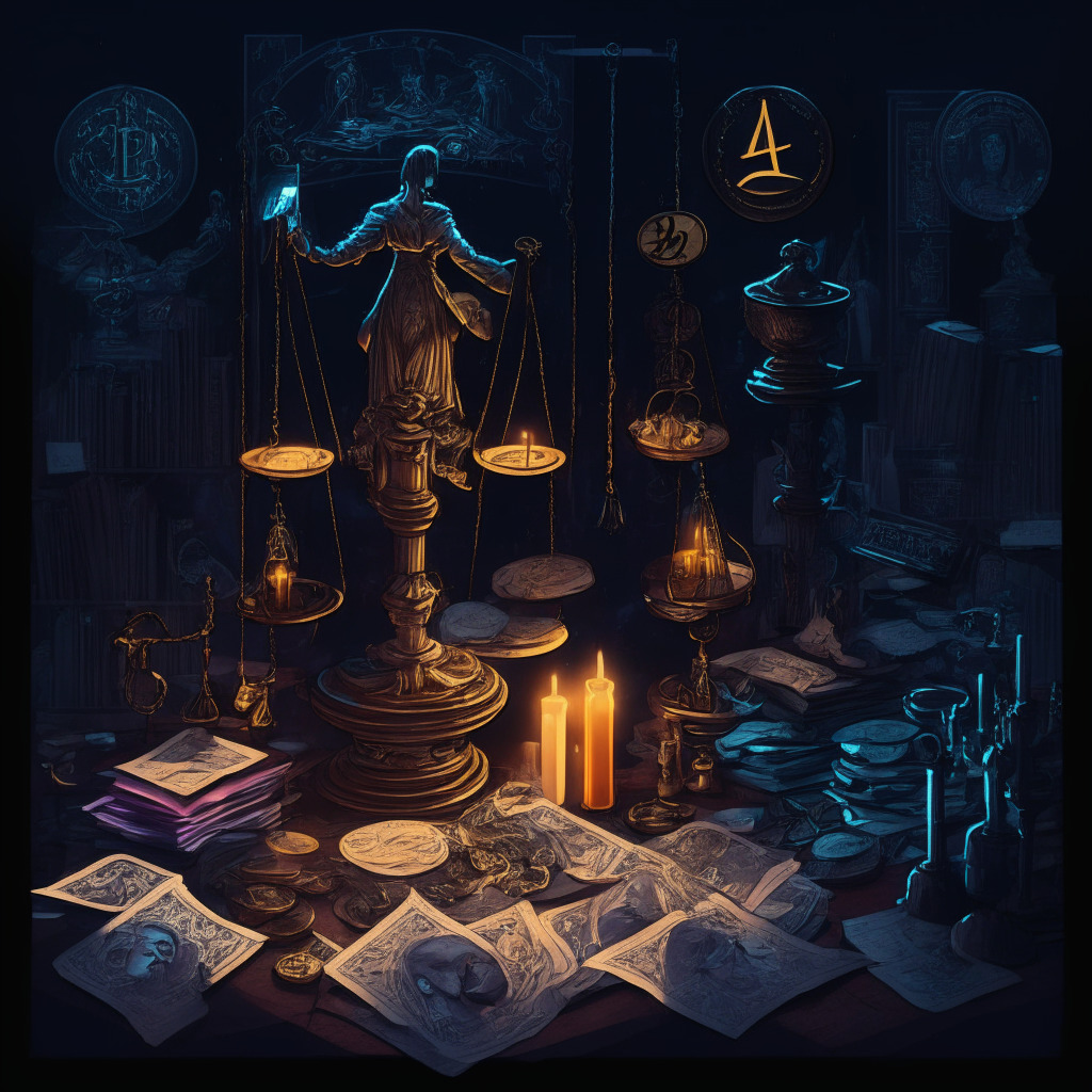Crypto trading scene: balancing scales, legal documents, digital tokens, Robinhood figure, candlelit, Baroque style, chiaroscuro lighting, contemplative mood, intricate patterns, contrasting colors, dark backgrounds, 18 diverse tokens, SEC emblem, uncertain ambiance, innovation vs regulation tension.