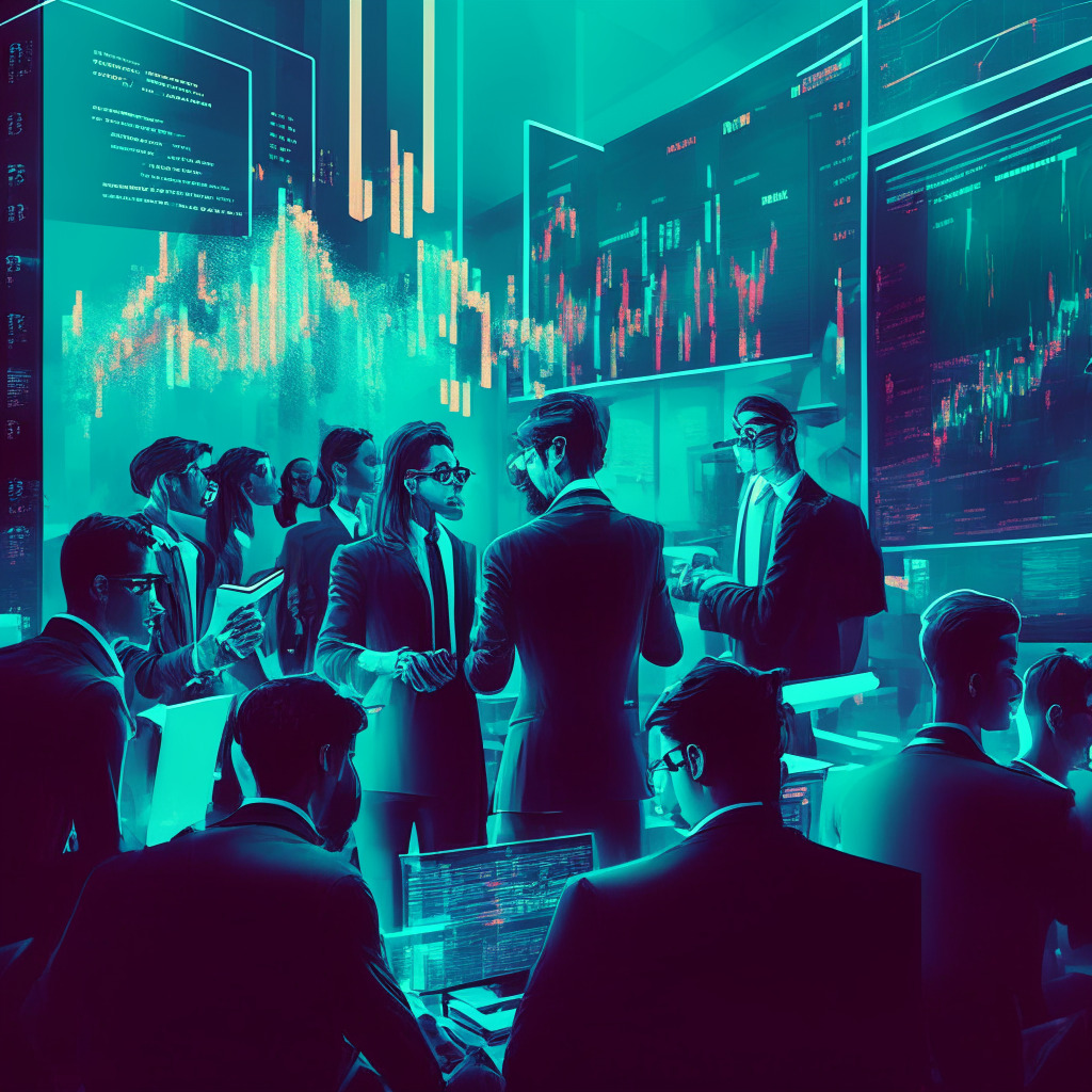 A bustling digital trading floor, diverse group of young investors analyzing graphs, dramatic chiaroscuro lighting intensifying their focused expressions, vibrant color palette reflecting the energy of modern finance, swiftly embracing a futuristic aesthetic. Intertwined with cryptocurrency icons, a spotlight on Robinhood platform’s pros & cons, evoking a dynamic mood.