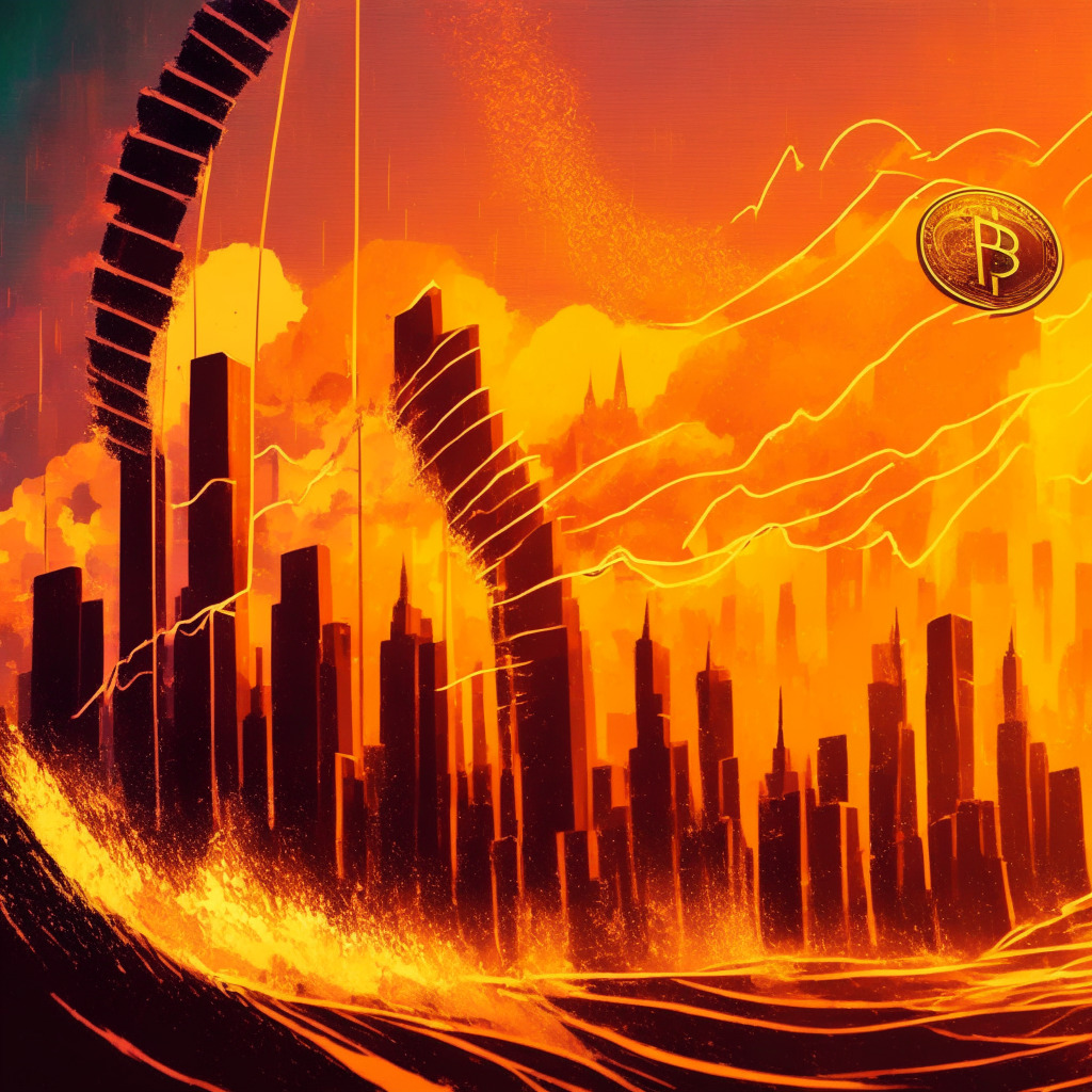 Crypto market rollercoaster, contrasting gains & losses, warm sunset hues, impressionist style, dramatic city skyline, Ethereum & BTC coins mid-flip, air of unpredictability & risk, hopeful mood, decentralized finance, NFTs, market trends, hanging balance, watchful investor's eye, blockchain potential.