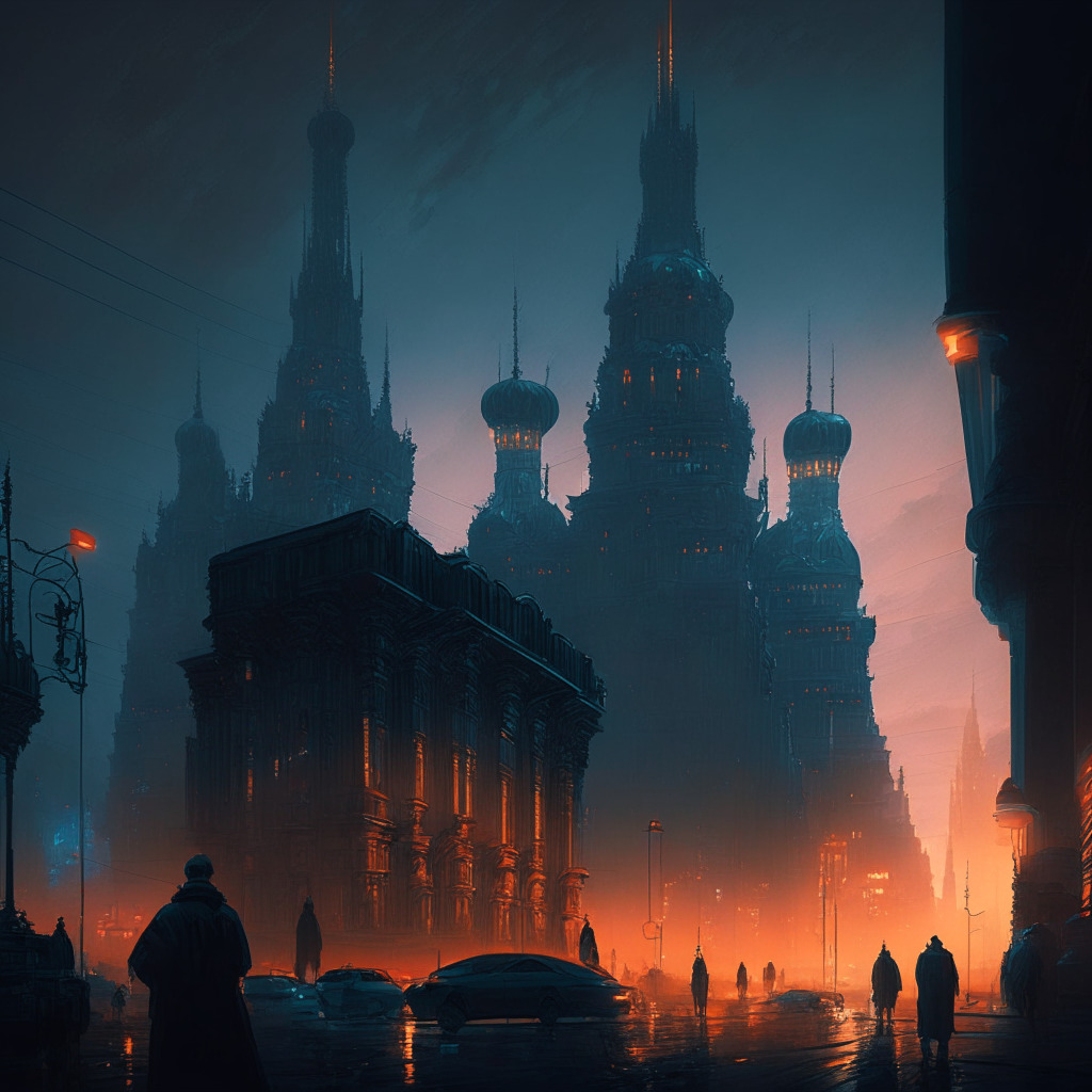 Intricate cyberpunk cityscape at dusk, detailed Moscow landmarks, imposing government building, concerned citizens discussing crypto regulation, shadowy figures exchanging crypto, theatrical chiaroscuro lighting, tense and foreboding atmosphere, hints of a futuristic Russian art style.