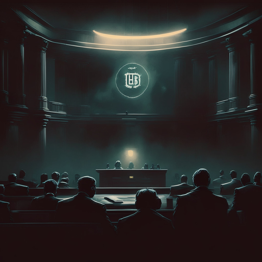 A dimly lit digital courtroom, somber mood, intense discussions, SEC and Binance representatives deep in debate, cryptocurrency symbols (BTC, BNB, BUSD) hovering in the background, tension and uncertainty in the air, juxtaposition of traditional finance and innovative crypto industry, potential consequences and impact looming over.