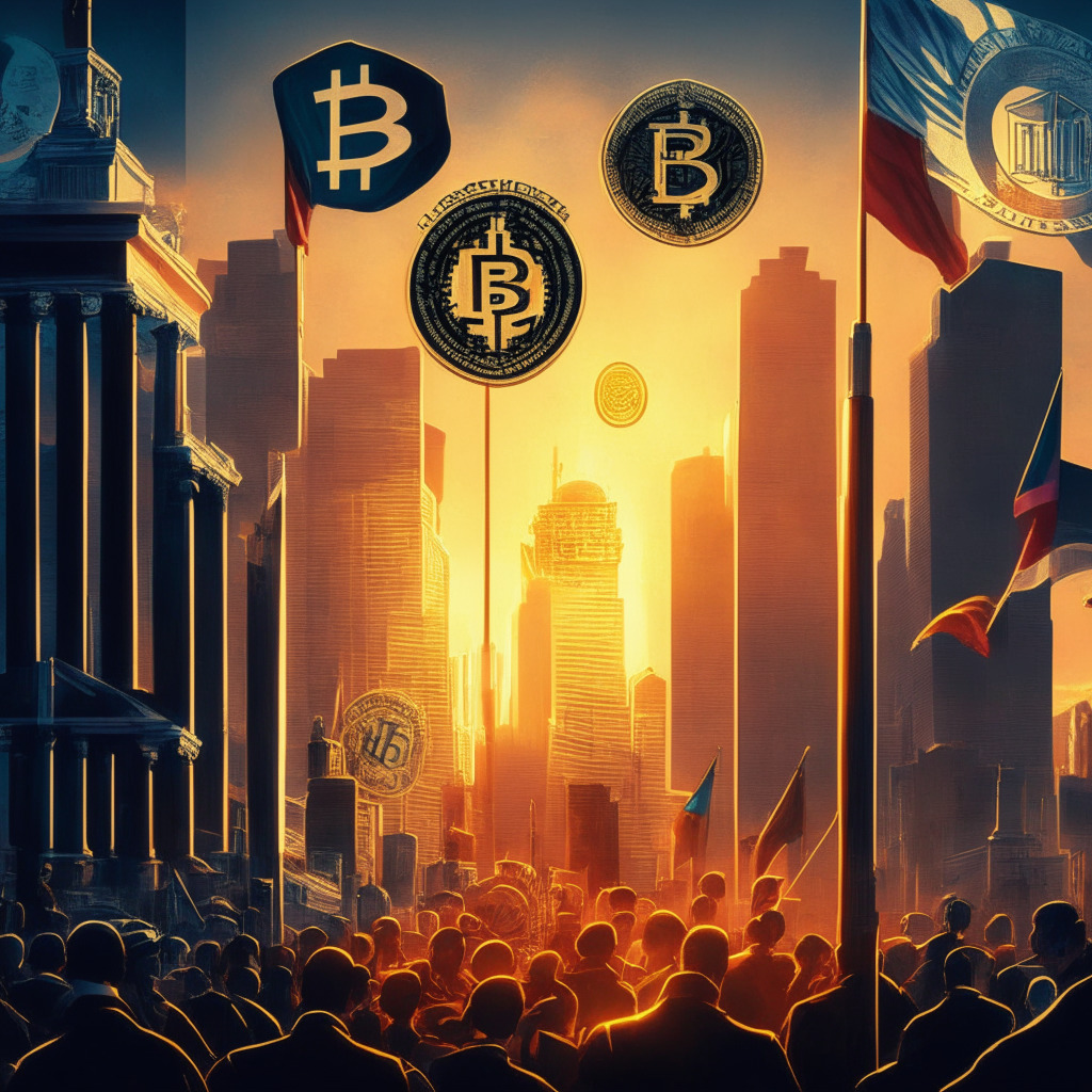 Intricate cityscape with crypto exchanges, regulators, currency symbols juxtaposed, SEC badge, prominently placed gavel representing legal battles, warm sunset lighting, strong chiaroscuro shadows, contrast between progress and restriction, tension-filled atmosphere, elements of hope in the form of crypto-friendly flags welcoming exchanges.