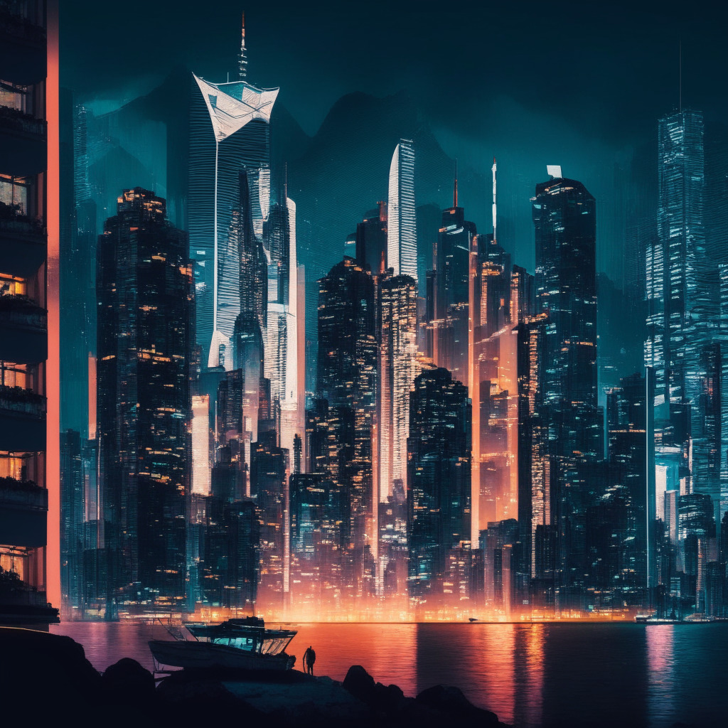 Hong Kong cityscape with contrasting lights, SEC building and crypto symbols, Binance and USDT in face-off, blend of traditional & modern architectural styles, moody evening atmosphere with shadows, neutrals & vibrant colors intertwining, tension between US and Hong Kong regulations, air of uncertainty and innovation.