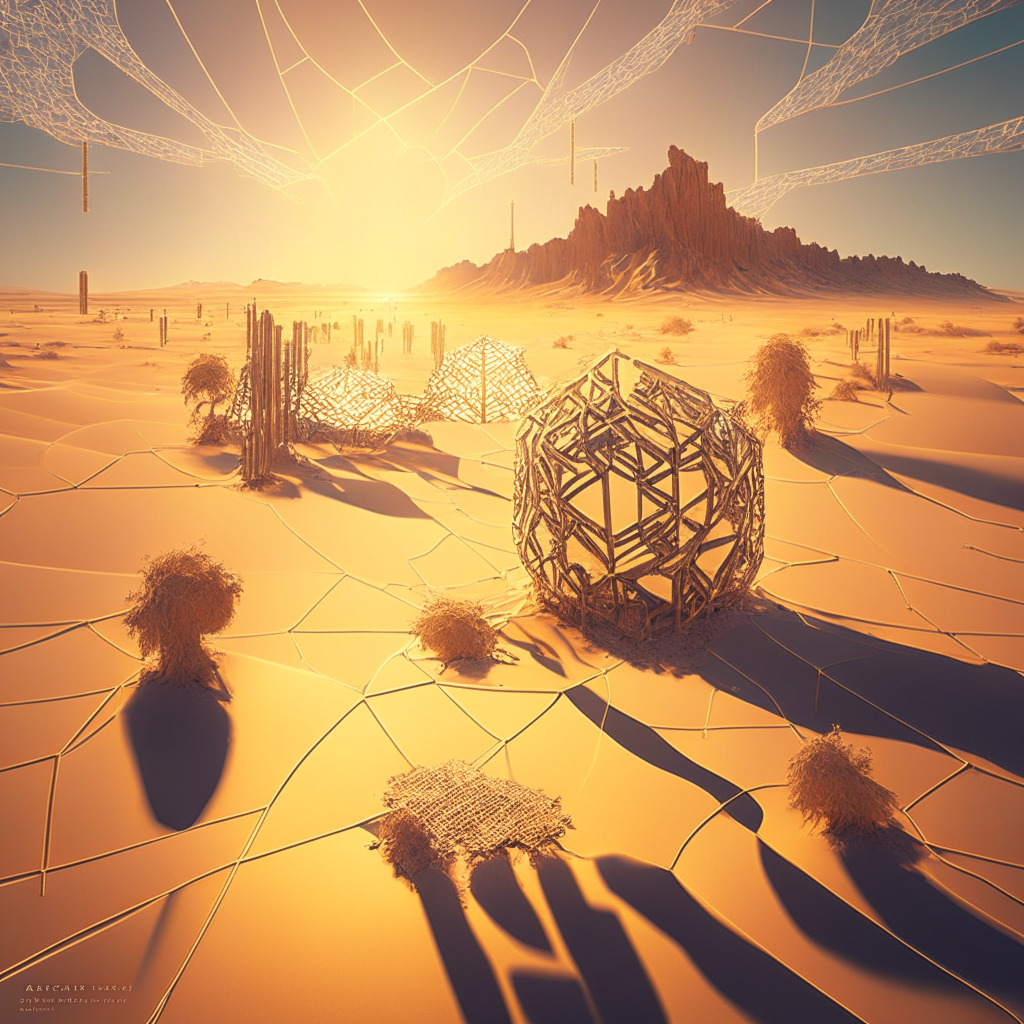 Intricate blockchain network, desert of innovation juxtaposed with icy regulations, warm golden light of decentralized finance, shadow of SEC legal conflicts, dynamic tension between autonomy & control. A surreal landscape, reflecting the uncertainty & potential of DeFi's future.