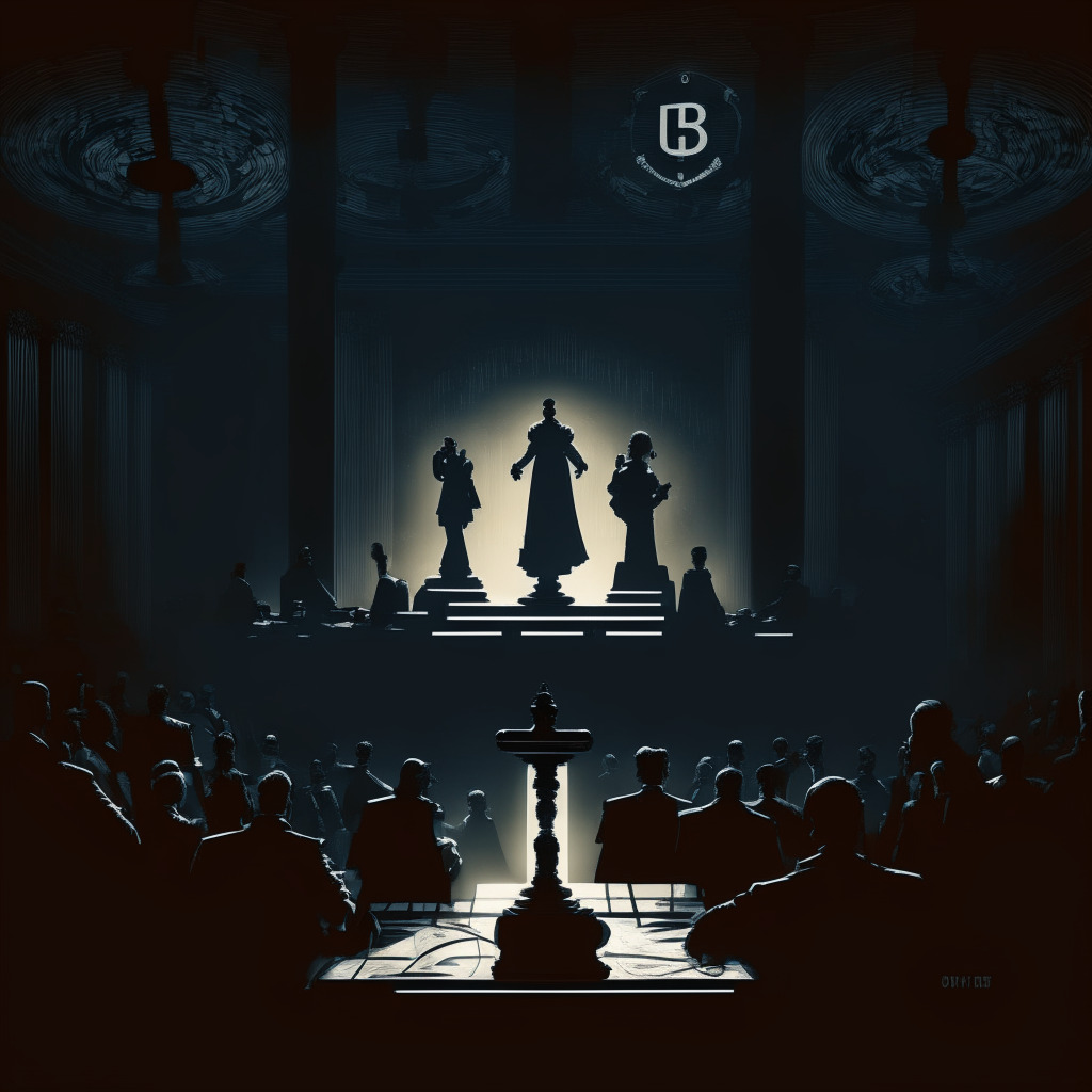 Cryptocurrency legal battle scene, dark courtroom atmosphere, scales of justice tipped towards crypto users, faint silhouettes of SEC and exchanges juxtaposed, users forming united front, underlying tension, mood of determination and resilience, incorporation of Ripple, Coinbase, and Binance symbols without logos, chiaroscuro-style lighting.