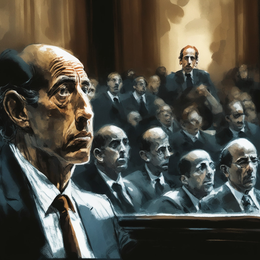 Intricate courtroom scene, SEC Chair Gary Gensler addressing audience, intense spotlight on Gensler, contrasting light & shadows, expressive facial expressions, audience's reactions ranging from concern to determination, air of tension, foreground featuring crypto tokens, chiaroscuro art style, somber mood.