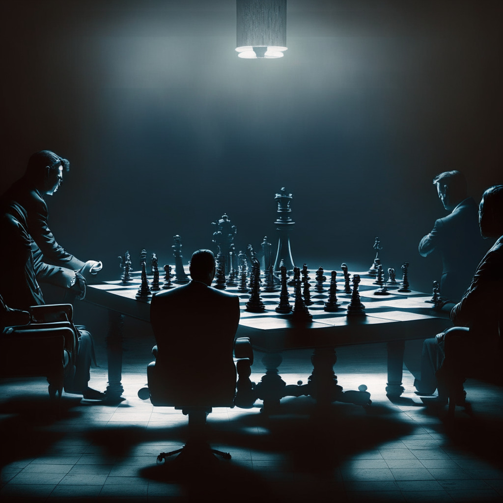 Cryptocurrency exchange controversy, SEC Chair and founder discussion, dark boardroom setting, shadows, hints of intrigue, swirling legal papers, blurred background, chess pieces symbolizing strategy, serious and thought-provoking atmosphere, balancing regulation and growth.