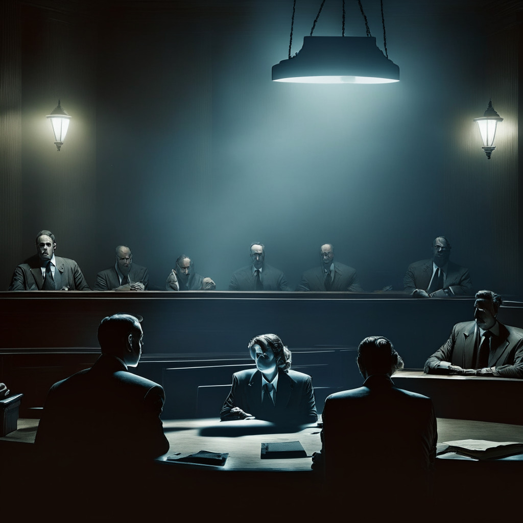 Moonlit legal drama scene, tension-filled courtroom, subtle chiaroscuro lighting, mysterious shadows, Gary Gensler & Sam Bankman-Fried in spotlight, stern ethics committee members observing, crypto-themed background elements, perplexed FTX creditors & users, intense & suspenseful atmosphere.
