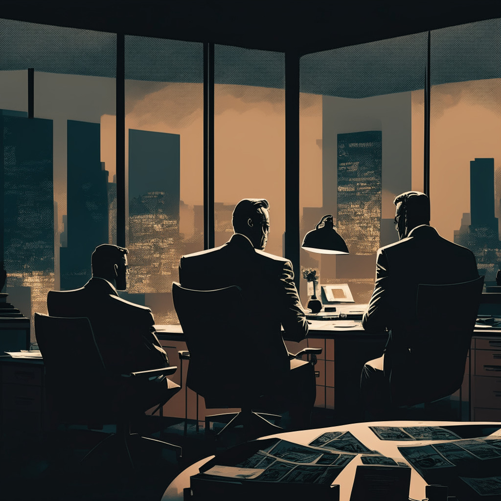 Cryptocurrency exchange controversy, SEC Chair's past offer, dimly lit office setting, chiaroscuro style, hint of tension, skyline backdrop, figures in discussion, neutral expressions, subtle distrust, a mix of modern and classic décor, muted color palette, balance of power and integrity.