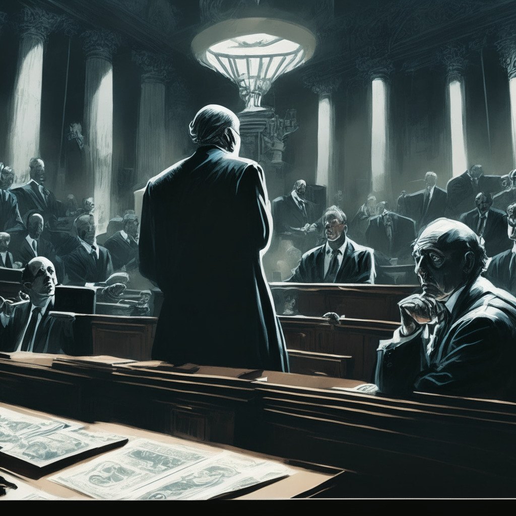 Intricate courtroom scene, Gary Gensler and Coinbase representatives, tense atmosphere, chiaroscuro lighting, Baroque style, emotions of frustration and confusion, a scale representing need for clarity, supporters of cryptocurrency, artistic fusion of traditional and digital elements, Fact-checking notes as background, play of shadows evoking mysteries.