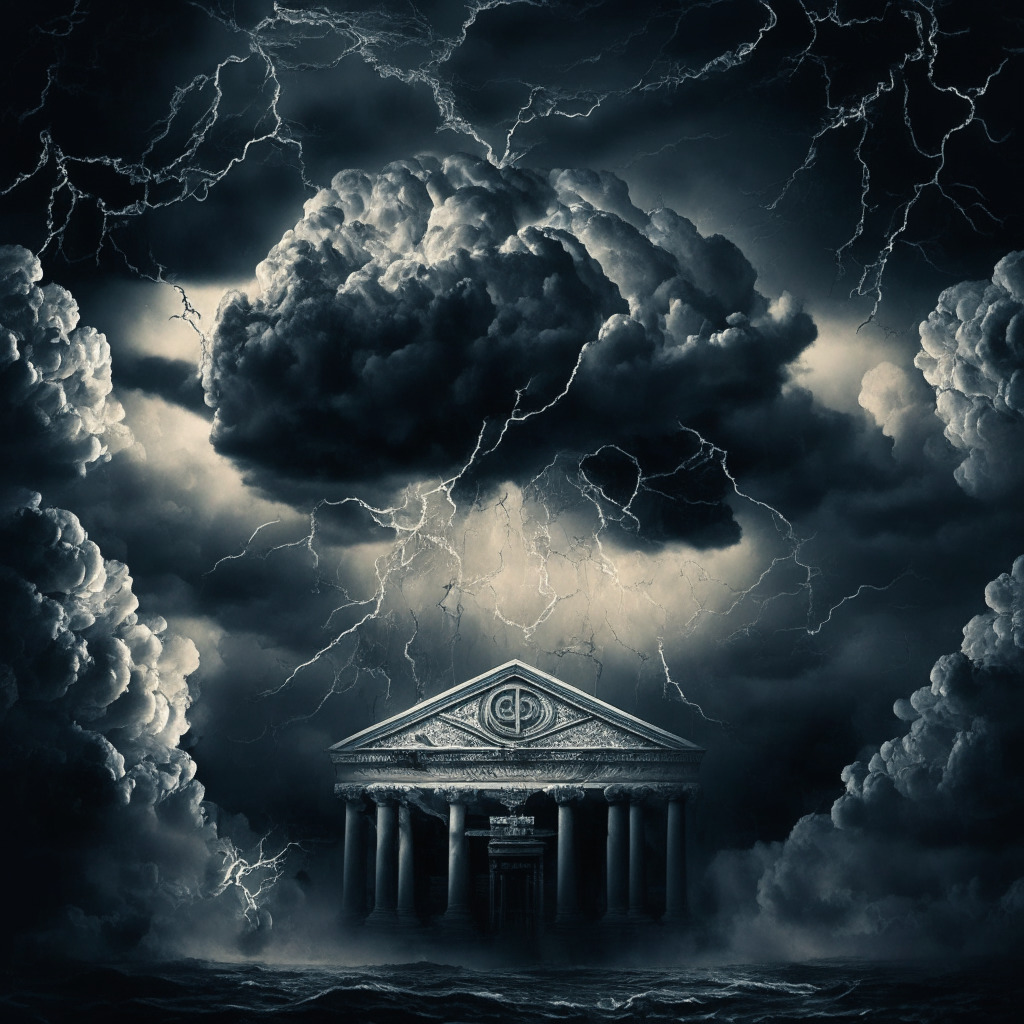 Cryptocurrency exchange storm, intricate regulatory web, SEC lawsuit, dark clouds, financial turmoil, evolving market, central bank contemplation, uncertain CBDC future, silver lining, collaboration opportunity, determined industry players, intense mood, chiaroscuro lighting, digital age Baroque style, captivating crypto drama.