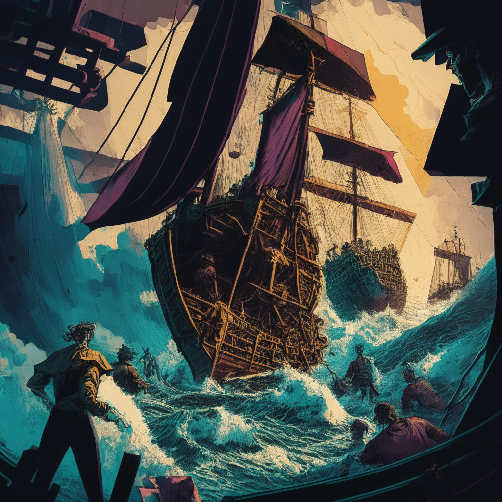 Crypto regulation-inspired art, dramatic shadows, churning stormy sea, traders unfazed on ship deck, contrasting altcoin wreckage, bold strokes in Renaissance style, warm vs cool colors, cautious yet resilient atmosphere, dominant BTC & ETH in the backdrop.