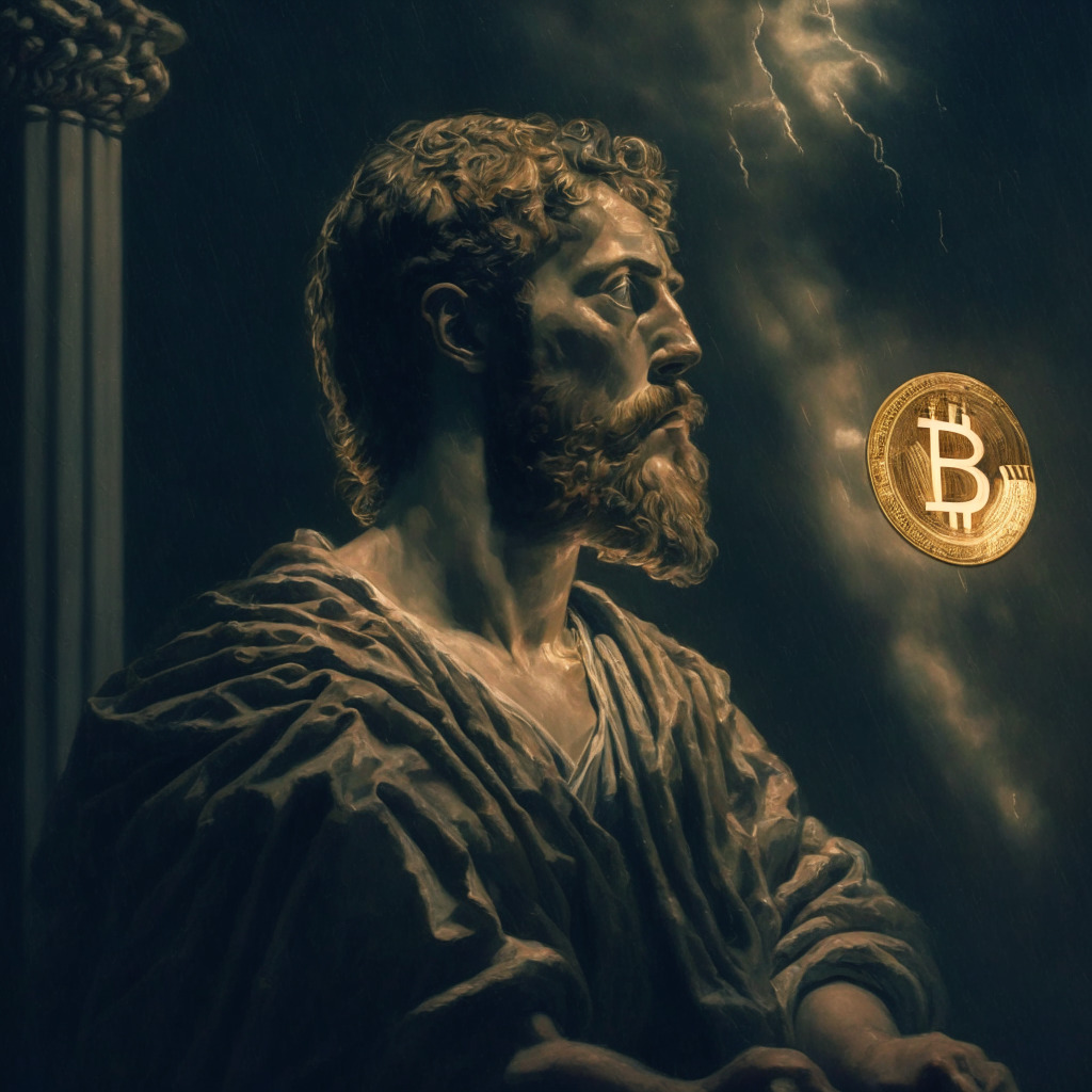 Stoic Bitcoin amidst turbulent market, chiaroscuro lighting, classic art style, uncertain mood. Bitcoin withdrawing from exchanges, optimistic outlook, resilient 'hodlers', contrasting global crypto atmosphere, Cathie Wood's $1M prediction.