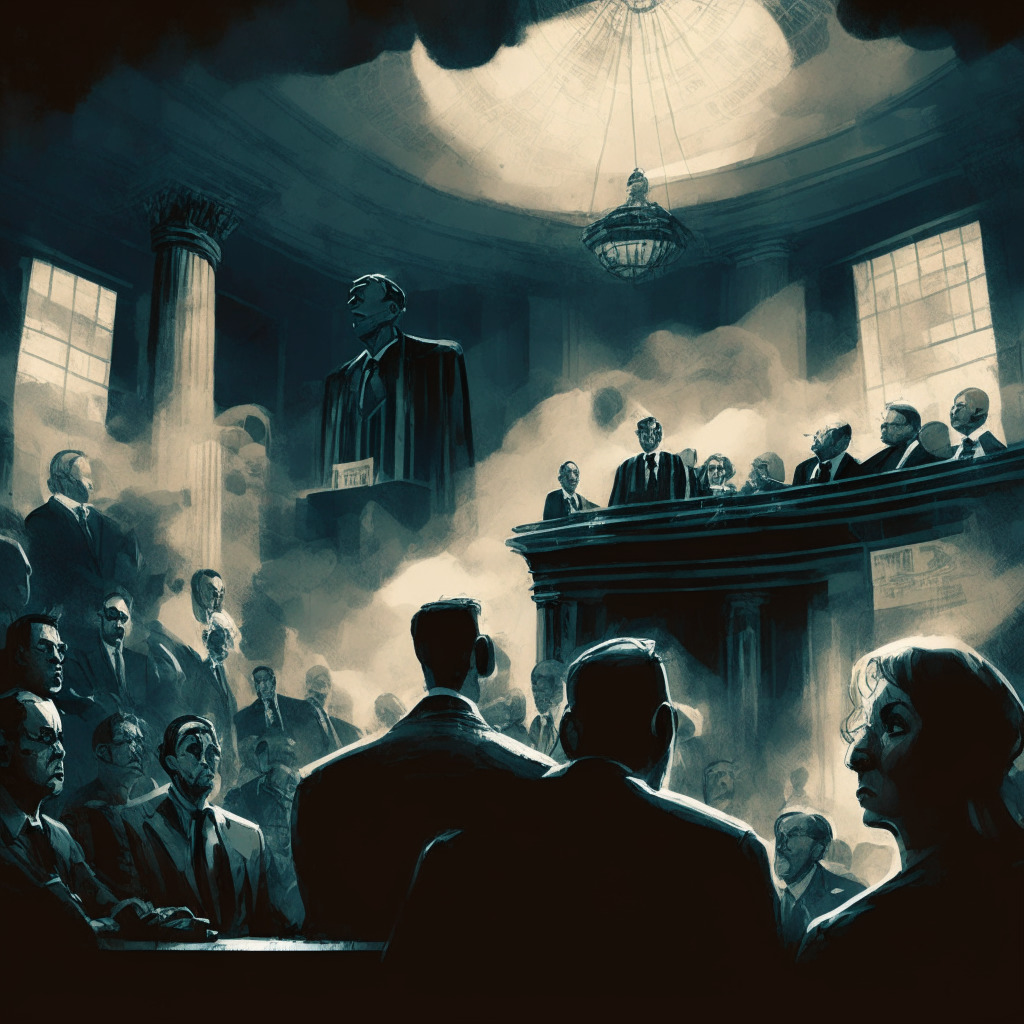 Intricate courtroom scene, chiaroscuro lighting, distressed-look characters representing Binance and Coinbase, SEC in authoritative stance, onlookers representing crypto enthusiasts divided in opinion, worried expressions on CEO figures, cryptocurrency symbols subtly embedded in background, tumultuous clouds overhead evoking tension & uncertainty.