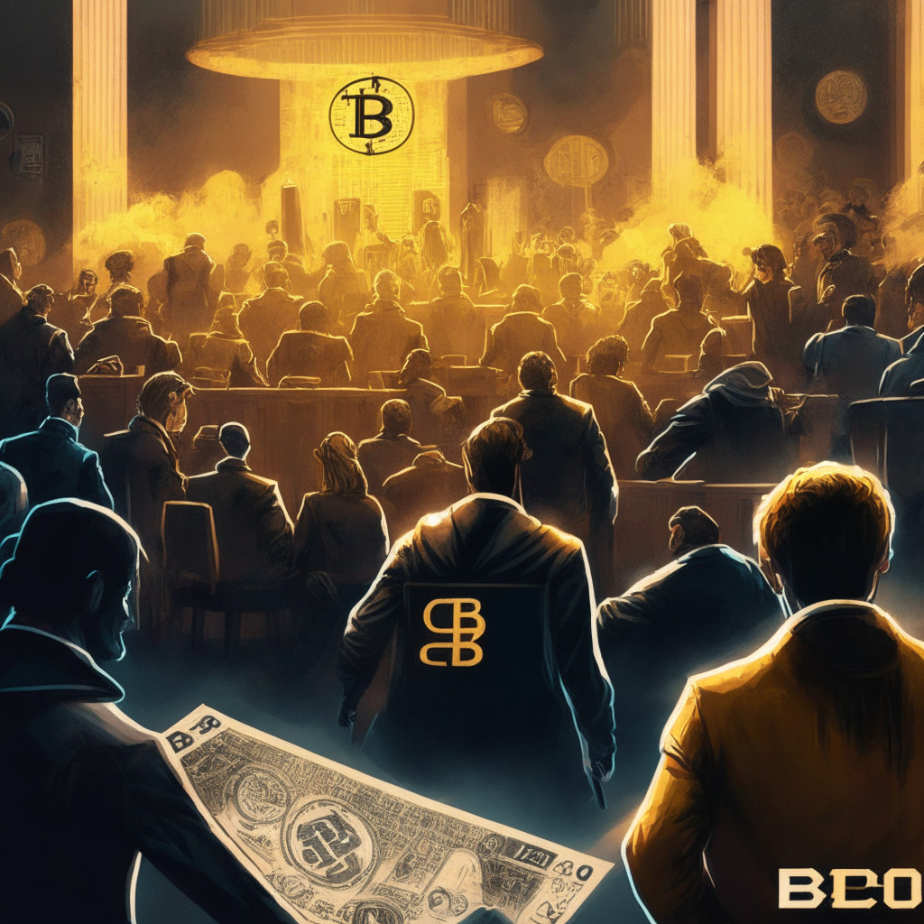 Crypto crackdown scene, intense courtroom drama, Binance and Coinbase logos replaced by generic crypto exchange symbols, Latin American traders flocking to Bitget, adaptability and resilience theme, chiaroscuro lighting emphasizing contrast between harsh regulation and the crypto community, warm and cool tones to convey both tension and optimism, dynamic composition.