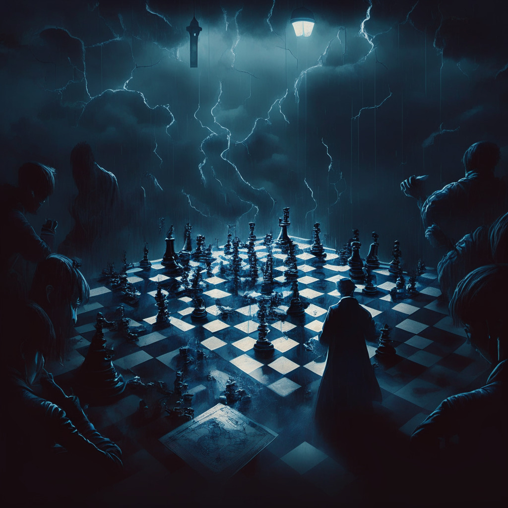 Cryptocurrency crackdown, dark stormy scene, chessboard with SEC and crypto pieces battling, tense mood, chiaroscuro lighting, anxiety-inducing atmosphere, contrasting colors representing regulation vs innovation, shadowy silhouettes of Binance, Coinbase, Gensler, and Changpeng Zhao, encroaching fog symbolizing uncertainty.
