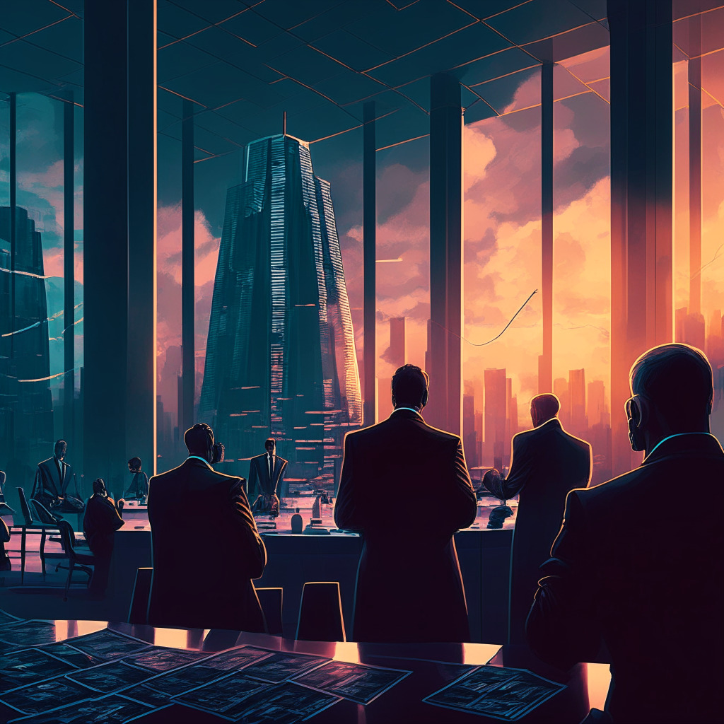 Cryptocurrency exchange crackdown scene, balanced regulation and innovation, twilight setting, chiaroscuro effect, intense discussion between SEC officials and crypto advocates, traditional financial architecture in the background, modern futuristic crypto structures in the foreground, overall contemplative and tense atmosphere.