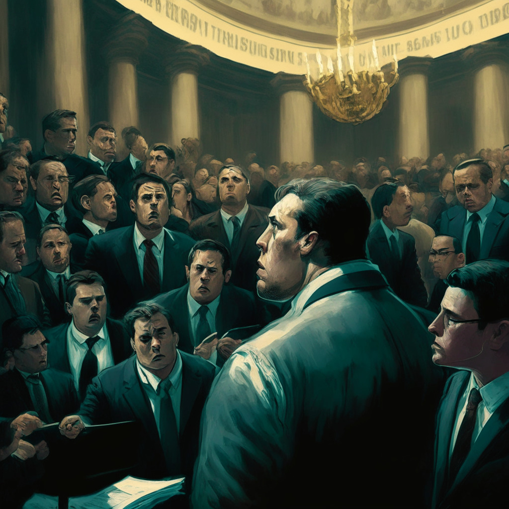 Cryptocurrency market turmoil, SEC crackdown, DeFi sector surge, gloomy atmosphere, chiaroscuro lighting, baroque painting style, legislative disapproval in background, concerned investors observing, digital assets shifting, bull-bear struggle, dynamic composition, Financial Services Committee hearing looming, adapting industry, evolving landscape, sense of uncertainty.