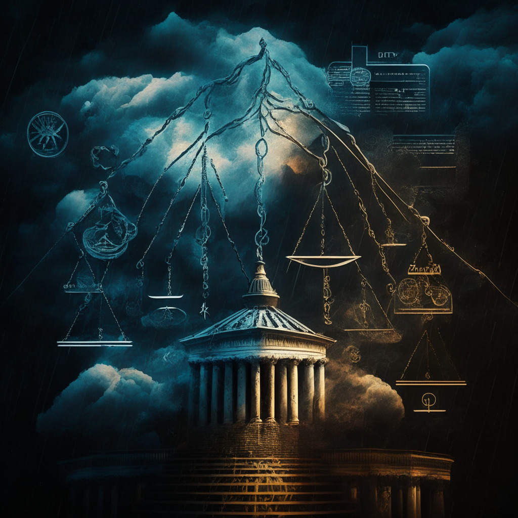 Abstract scales of justice, cryptocurrency symbols, stormy sky, intricate web of connections, US Congress chambers, muted colors, chiaroscuro lighting, tension between innovation and oversight, air of cautious determination, a path paved with legal documents, collaborative spirit.