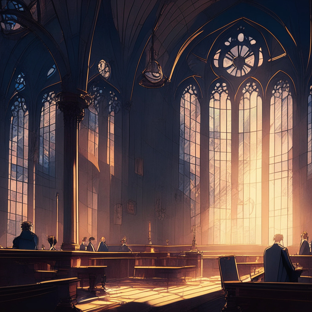 Twilight courtroom scene, intricate Art Nouveau style, hazy light filtering through stained glass windows, defiant crypto pioneers facing concerned regulators, ambient tension in the air, aesthetic contrast between traditional finance and innovative technology, uncertain future hovering above.