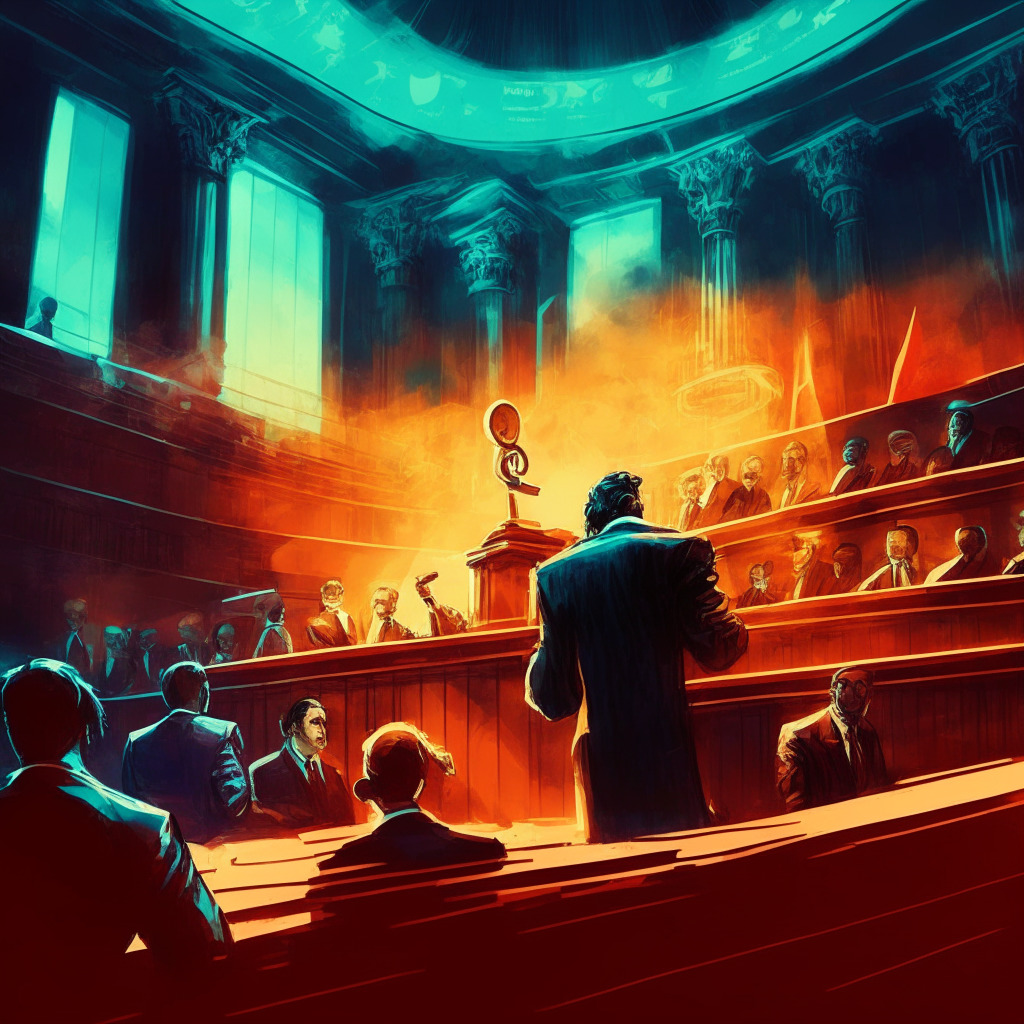 Gavel on crypto coins, SEC officials in suits, eToro's diverse asset classes, moody courtroom scene, dramatic chiaroscuro lighting, abstract representation of regulatory crackdown, hazy future of XRP, contrasting warm and cool colors, tense atmosphere, compliance and adaptation as themes.