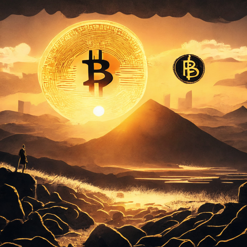Rising sun over crypto landscape, SEC looming over stablecoins and DeFi, Bitcoin shines in the foreground, dramatic chiaroscuro lighting, tension between regulation and innovation, emphasis on key elements: stablecoins, DeFi, Bitcoin dominance, mood of uncertainty and growth possibilities, artistic style merges realism and symbolic imagery.